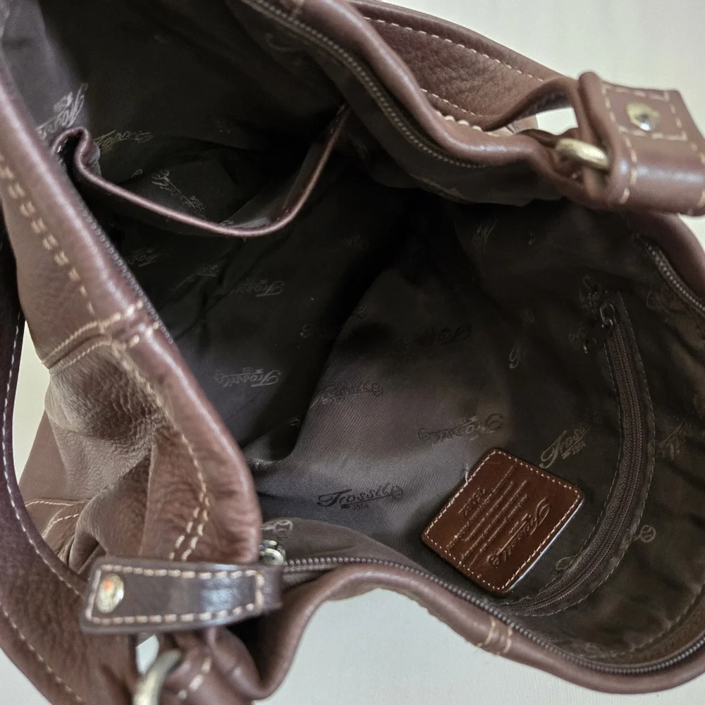 Fossil Brown Pebbled Leather Shoulder Bag Purse - Picture 8 of 11